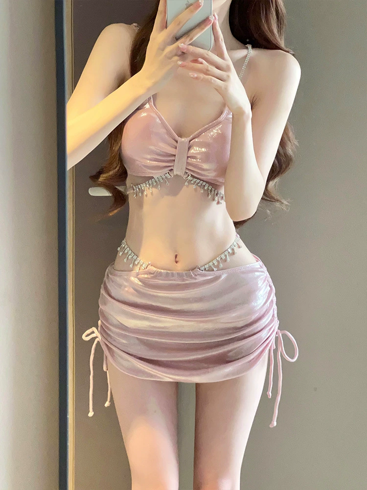 Купальный комплект 3 предмета, для женщин, фуксия, сексуальный стиль высокого качества, со сборкой