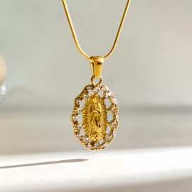 跨境欧美圣母像镶钻吊坠项链个性简约不锈钢锁骨链不锈钢饰品批发