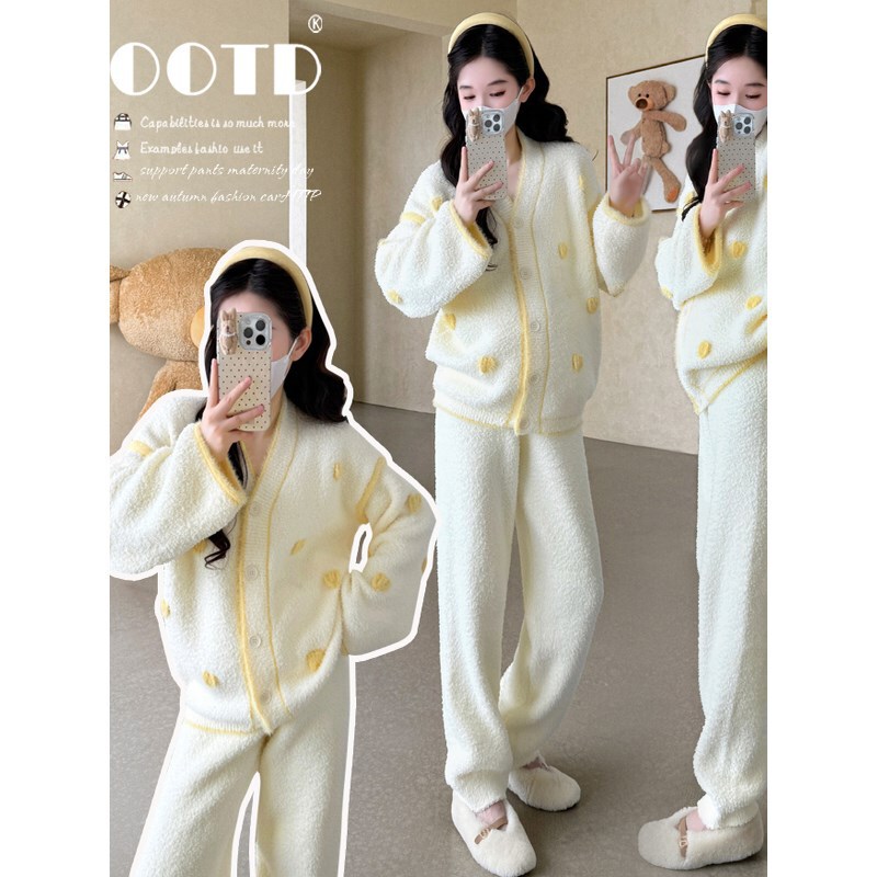 Maternity Thickened Suit Autumn and Winter New Korean Fashion Heart Half Velvet Can Be Worn Outside Thickened Home Clothes Suit for Women