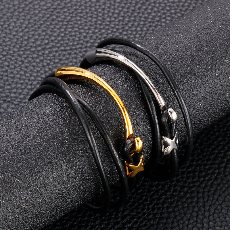 Outdoor Leisure Foreign Trade Jewelry New Style Wrapped Two-Turn Leather Rope Bracelet Stainless Steel Fish Hook Inverted Leather Bracelet Wholesale