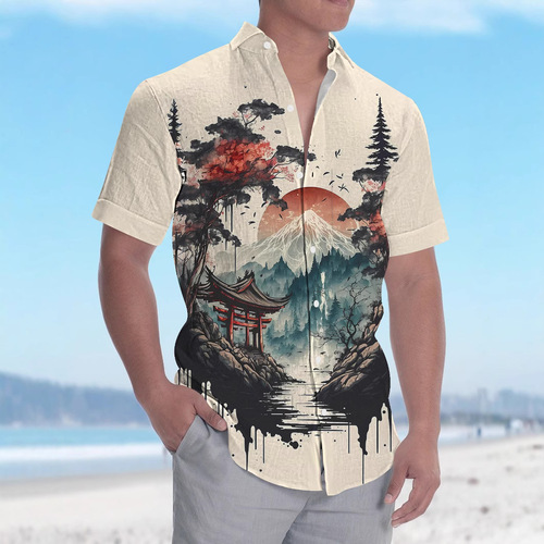 Independent Station Hawaii Independence Day Striped Print Short Sleeve Shirt Pocket Loose Summer Men's Shirt