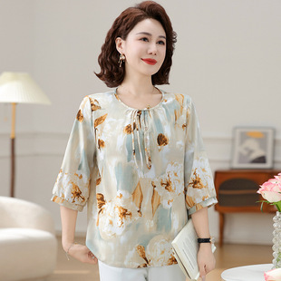 Mom's Summer New Fashion Chiffon Three-Quarter Sleeve Tops, Stylish T-Shirts, Middle-Aged and Elderly Chinese Style Shirts