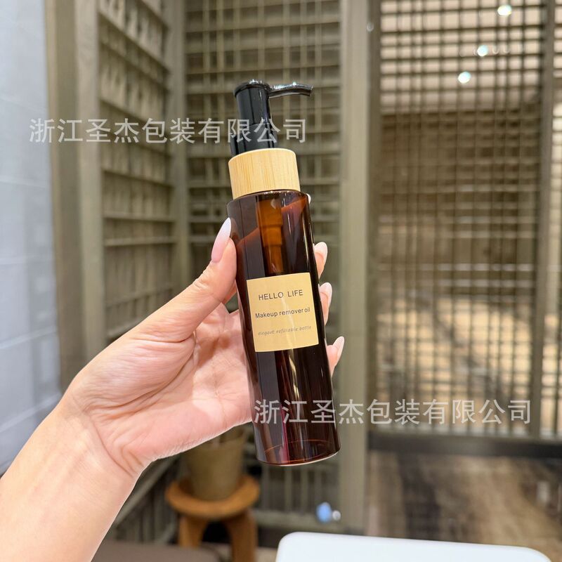 Bamboo Wood Style Straight Round Brown Light-Proof Professional Cleansing Oil Cleansing Honey Tea Seed Oil Essence Cosmetics Packaging Empty Bottle