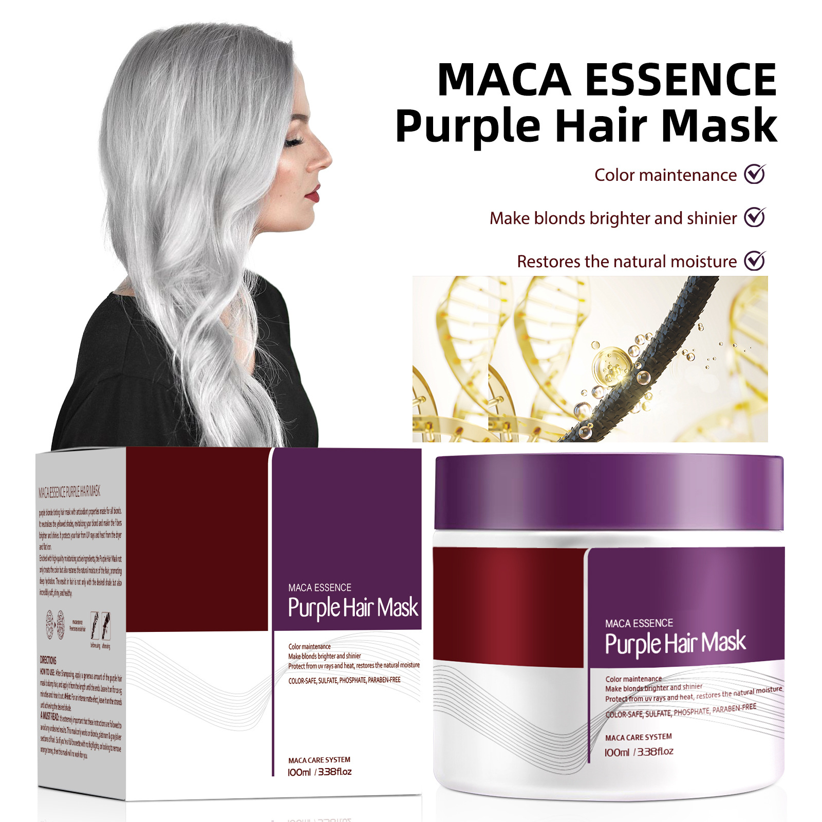 Máscara para el cabello de colágeno transfronteriza, máscara para el cabello de reparación profunda, máscara para el cabello púrpura, máscara para el cabello suave y limpia profunda