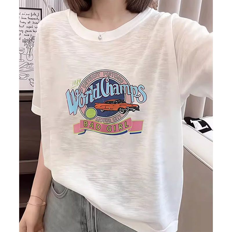 2026 Bamboo Cotton Short Sleeve T-Shirt for Women, Summer Thin Loose Fit Printed Plus Size Half Sleeve Round Neck Versatile Top