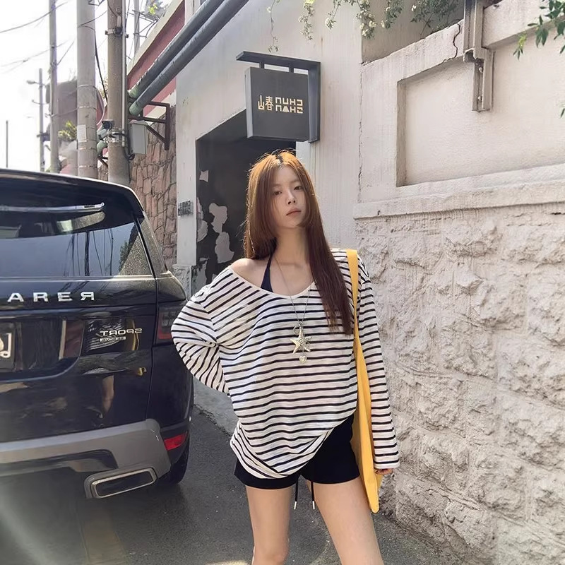 Sun Protection Cover-Up for Women, New Summer Style Long-Sleeved Shirt for Women, Loose Striped Off-Shoulder Top Wholesale Sun Protection Cover-Up for Women, New Summer Style Long-Sleeved Shirt for Women, Loose Striped Off-Shoulder Top Wholesale