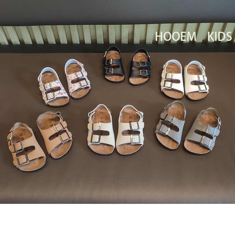 2023 Summer Children's Korean Soft Cork Sandals with Double Buckles for Boys and Girls, Unisex Wood Fiber Shoes, Parent-Child Shoes, Vacation Shoes