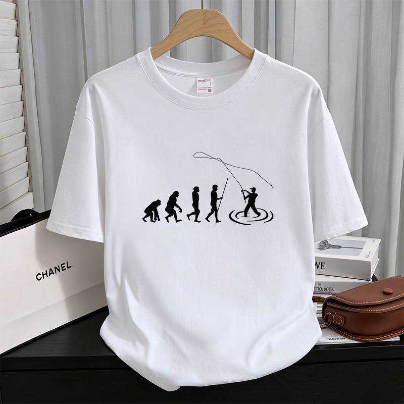 In-Stock Dropshipping Fun Evolution Fishing Man Patterned Top, Heavyweight Pure Cotton Loose Outdoor T-Shirt 60624-6
