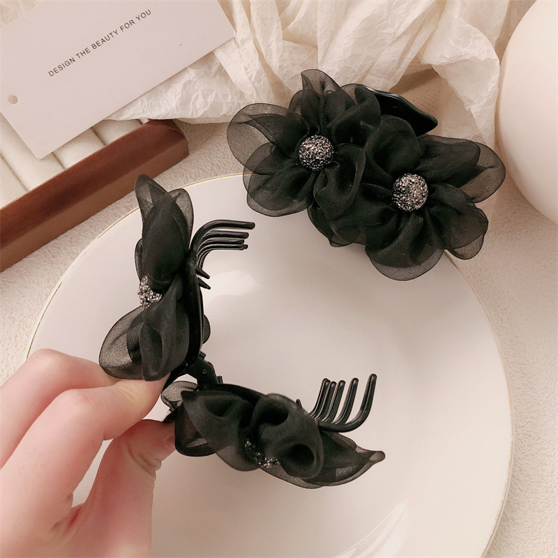 Pinza de flores de diamantes de imitación de hilo de red 2025 nueva pinza de pelo de cola de caballo de alta calidad para mujer