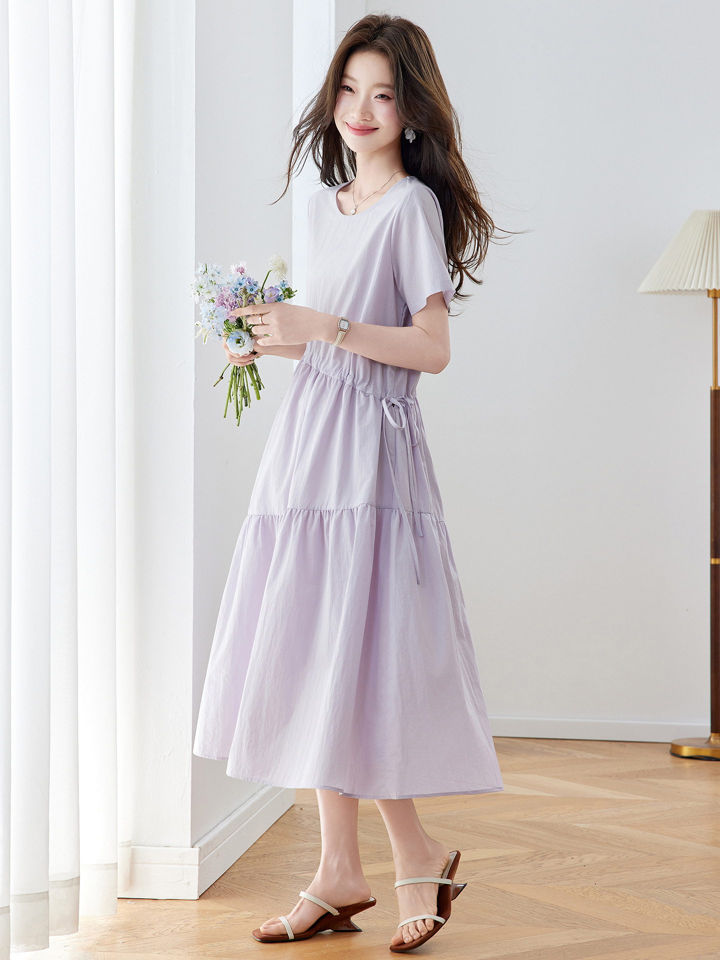 Đầm maxi nữ thắt eo dáng suông rút dây A-line tay ngắn JY2619 — màu tím nhạt, Vàng nhạt