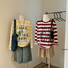 WGWE 夏 レディース 韓国風 ストライプ 薄手 ゆったり 痩身 日焼け止め ブラウス Tシャツ トップス W6313 (ブローチ付き)