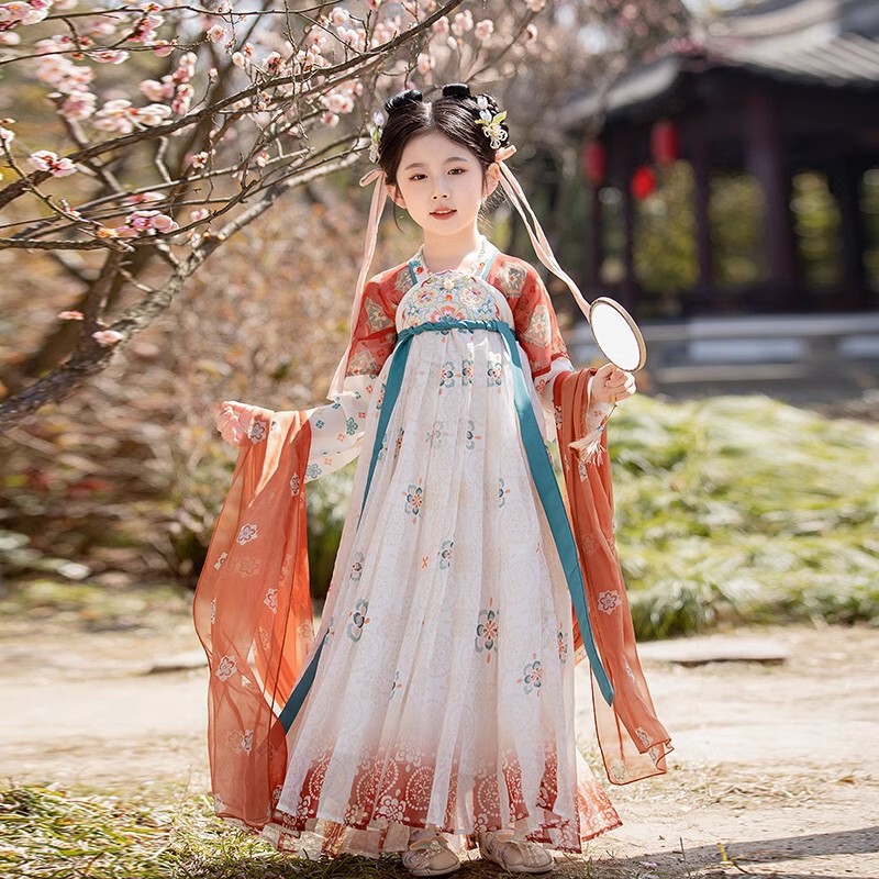 Spring and Summer Children's Hanfu for Girls, Dunhuang Tang Dynasty Princess Costume, Girls' Spring and Autumn Suit, Long-Sleeved Dress, Palace Style