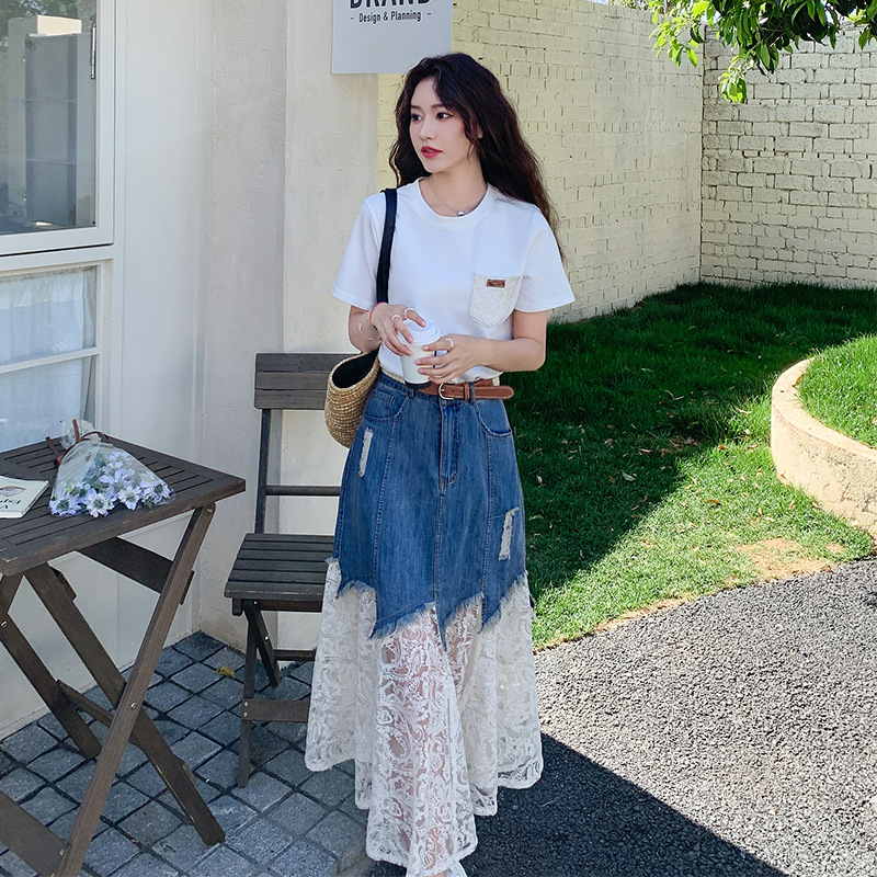 Hong Kong Style High-End Elegant Suit Skirt for Women 2025 Summer New T-Shirt Lace Splicing Denim Skirt Two-Piece Set