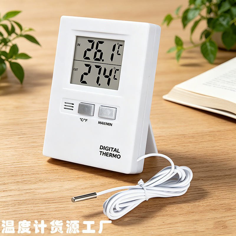 Indoor and Outdoor Dual-Channel Digital Thermometer with Waterproof Probe for Greenhouse, Fish Tank, and Storage Temperature Measurement Wholesale