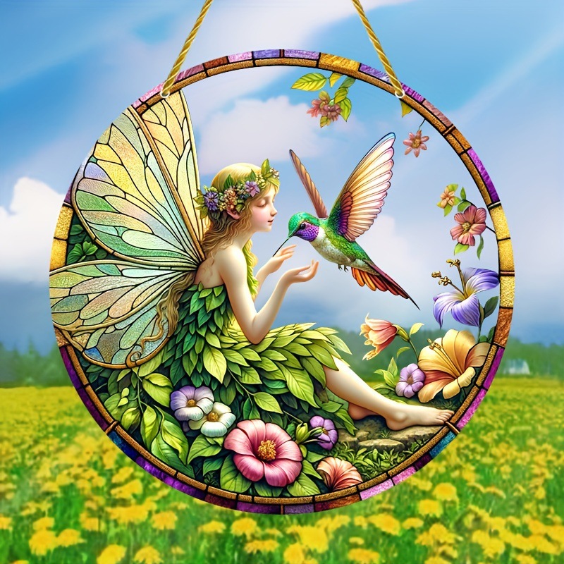 Transfronterizo 2D acrílico verde bosque colibrí cazador de sol coronas de regalo ventana colgante acrílico decoración de pared
