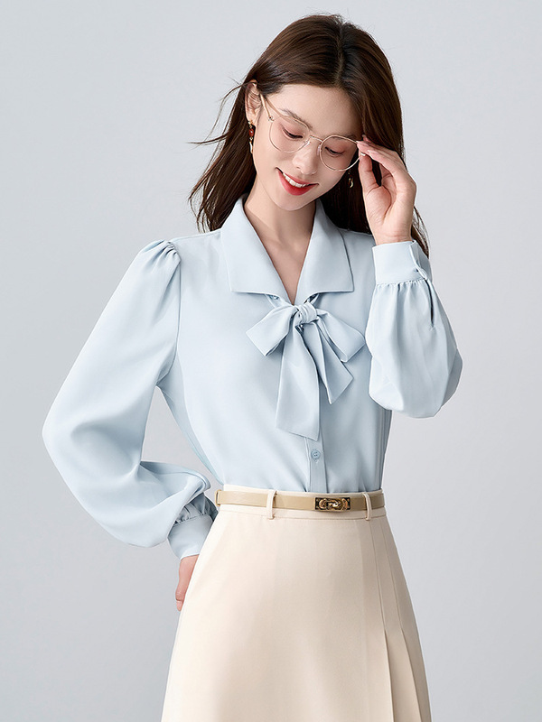 蝴蝶结蓝色衬衫女2025春秋新款通勤穿搭法式面试长袖衬衣职业上衣|undefined