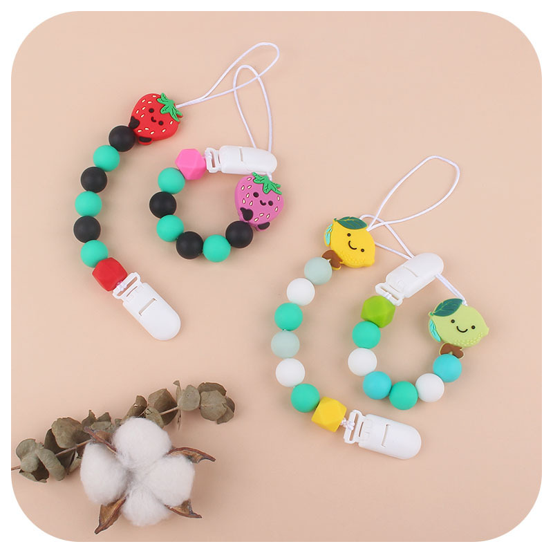 Nueva creativo de calidad alimentaria silicona fruta fresa limón mordedor cuentas DIY bebé mordedor palo pezón anti-gota cadena