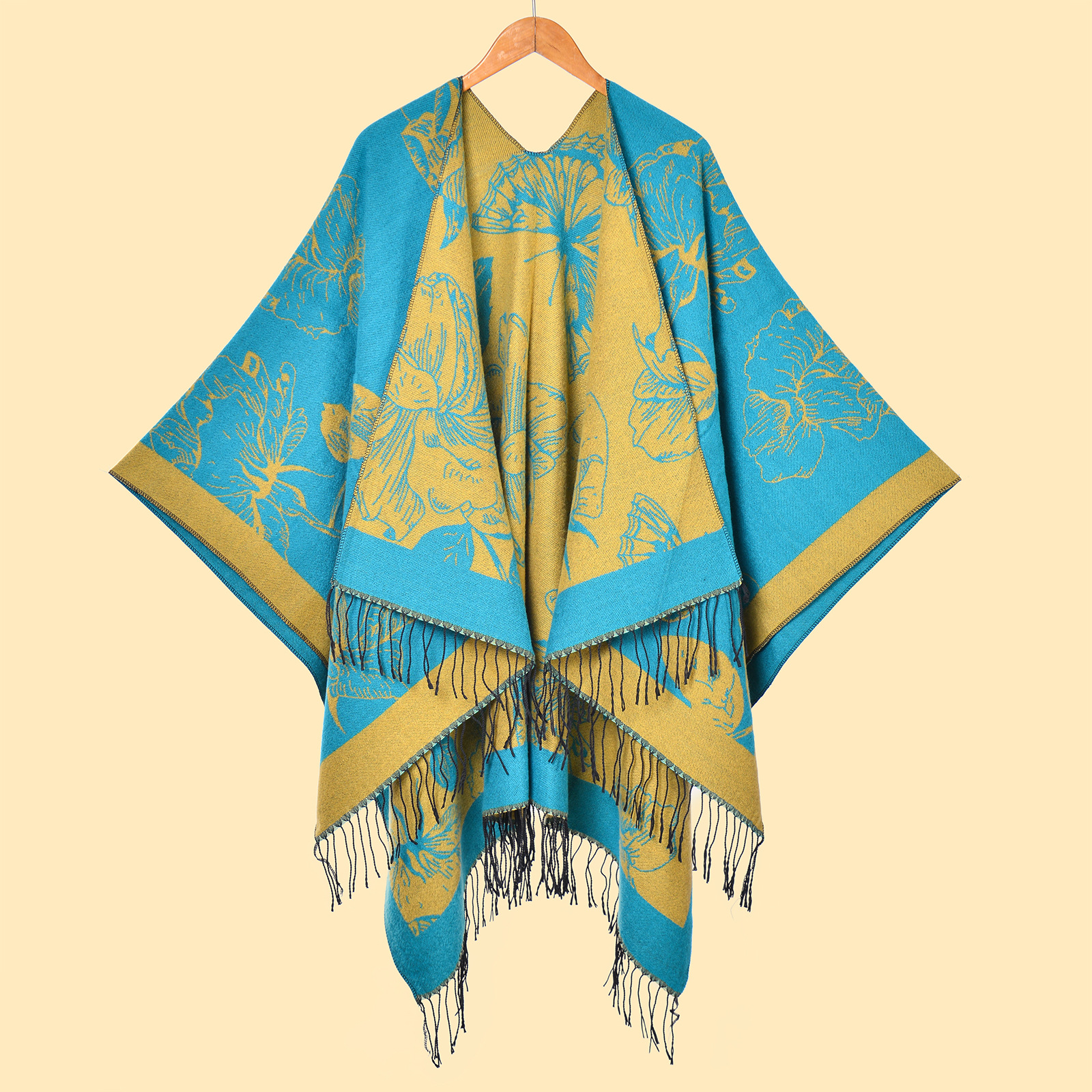 Nueva moda femenina europea y americana, flores grandes, borlas, puntas abiertas, capa de chal cálido de doble cara, venta caliente transfronteriza, capa de cachemira de imitación