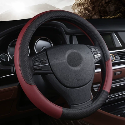 Steering wheel cover Inner Ring Leather Embossed Car - xf685-black-wine-red-38cm