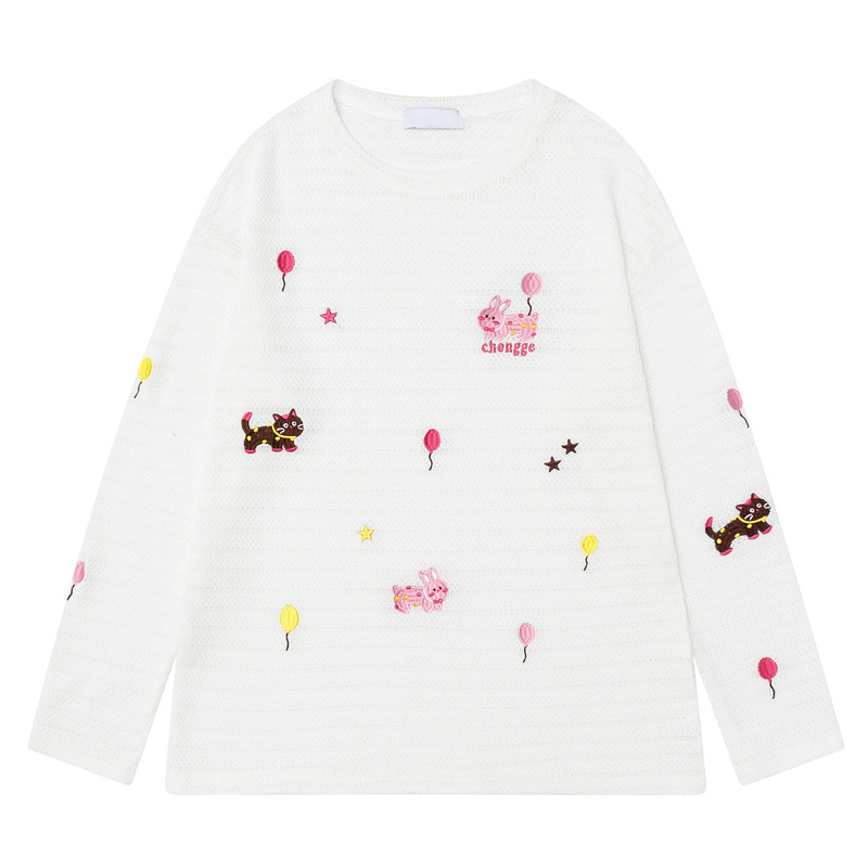 衣品男装甜美减龄卡通刺绣镂空长袖t恤女ins秋季宽松慵懒chic打底