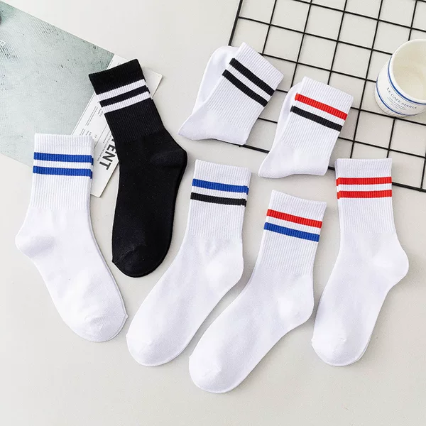 Socks women's mid-tube socks spring and summer cotton sweat-absorbent deodorant black and white men's striped college-style blue ball student socks