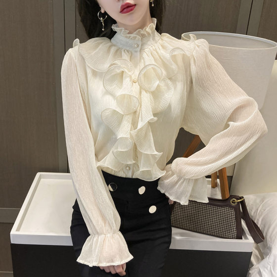 Women's Spring and Autumn 2025 New Ruffled Long-sleeved Chiffon Shirt Super Fairy Solid Color Commuting Age-reducing Top