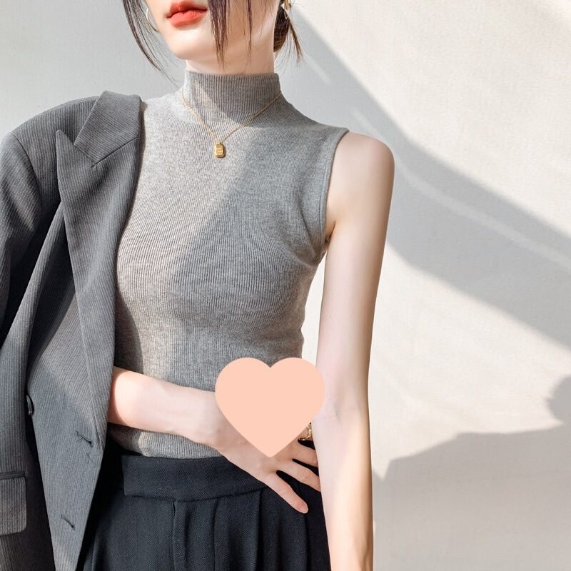 Merino Wool Mid-Collar Sleeveless Vest, Feminine Half Turtleneck Knitted Suspender Top, Suit Bottoming Shirt