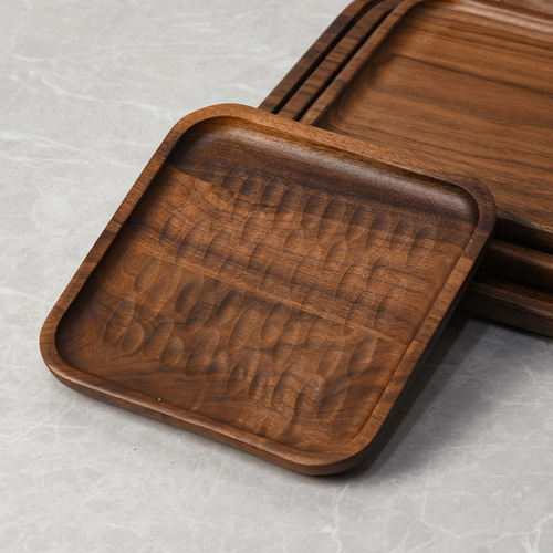 Wholesale logo Japanese style whole wood dessert plate black walnut plate sushi plate round mini fruit plate rectangular