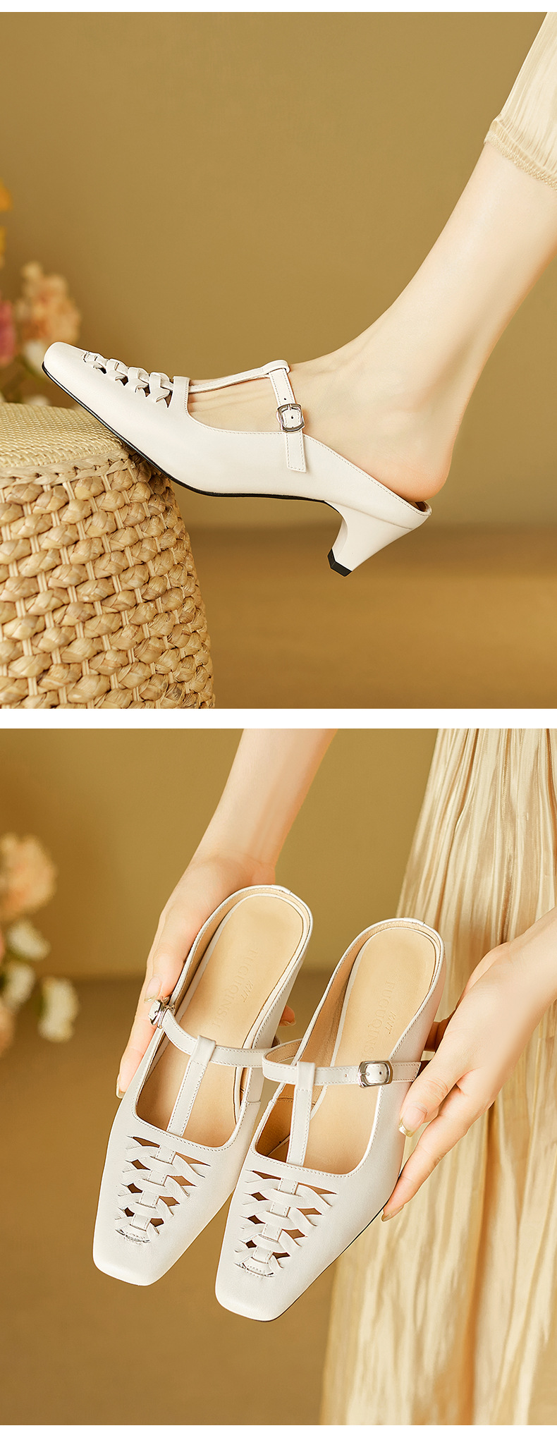 Sandal nữ gót thô 5 cm mũi vuông kiểu dệt vintage, quai chữ T bọc đầu — đen chi tiết 5