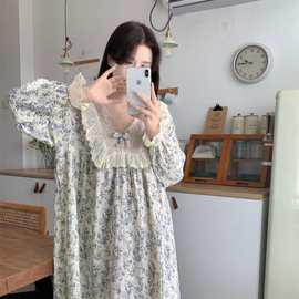 纯棉韩版夏季新款睡衣女连衣裙水墨画花边拼接宽松外穿家居服睡裙