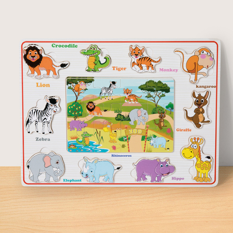 Entrenamiento cognitivo de la concentración infantil de madera juguete de puzzle tridimensional juegos de mesa de juego de animales puzzle tridimensional