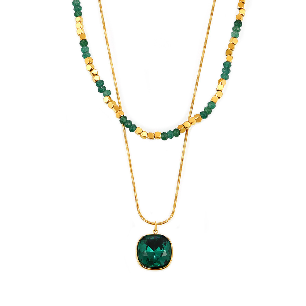 Natural Stone Bead Crystal Pendant Necklace, Stainless Steel Versatile, Double-layer Layered Collarbone Chain Necklace, Necklace Accessory_voghion.com