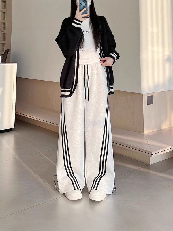 灰色条纹运动裤女秋2025新款高腰直筒宽松慵懒美式休闲阔腿卫裤子|undefined
