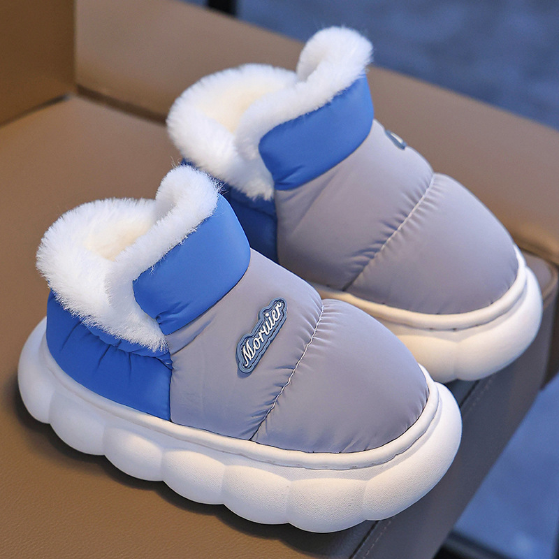 Zapatillas de algodón para niños de invierno para niños y niñas, tela de pluma caliente impermeable para niños pequeños, padres e hijos, bebés en casa