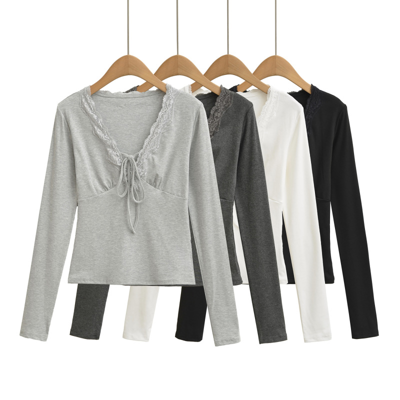 Sexy Girl Full Lace Long-Sleeved T-Shirt Women's Summer Bow V Neck Slim Fit Rayon Soft Waxy Stretch Top