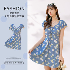 Plus-size women's swimwear, fat MM muscle-hiding, sleeveless swimming dress, stylish conservative one-piece mother's swimwear, wholesale