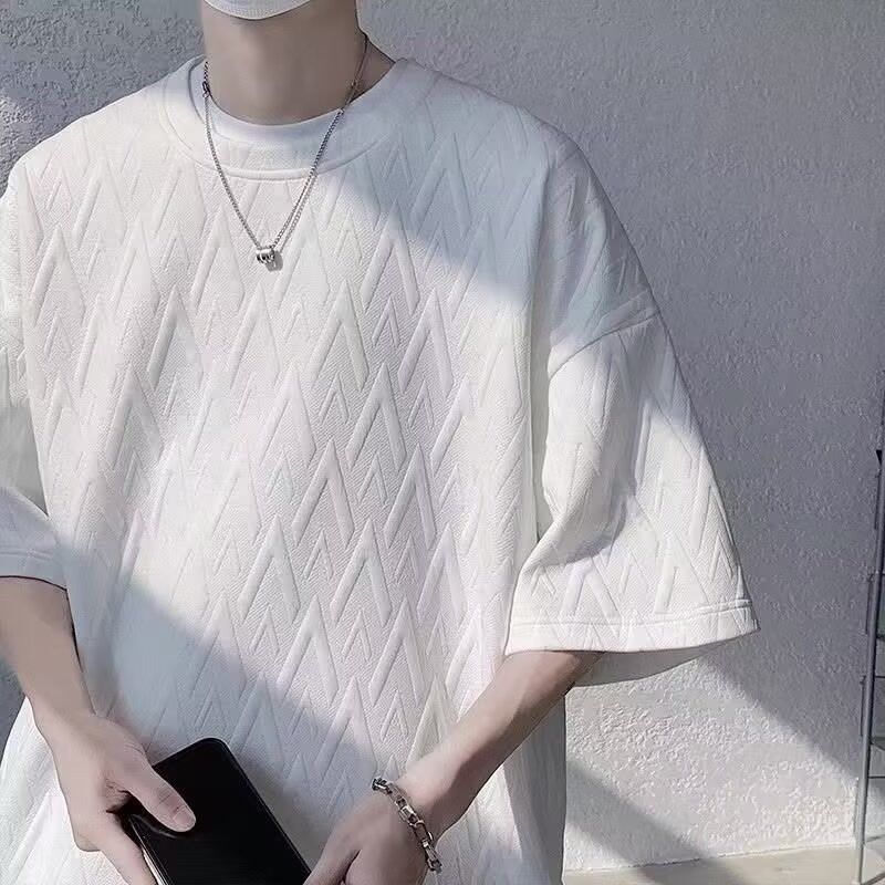 新しいジャカード半袖Tシャツメンズ2025夏トレンディハンサムイン多用途ルーズテクスチャードラウンドネックハーフスリーブ|undefined