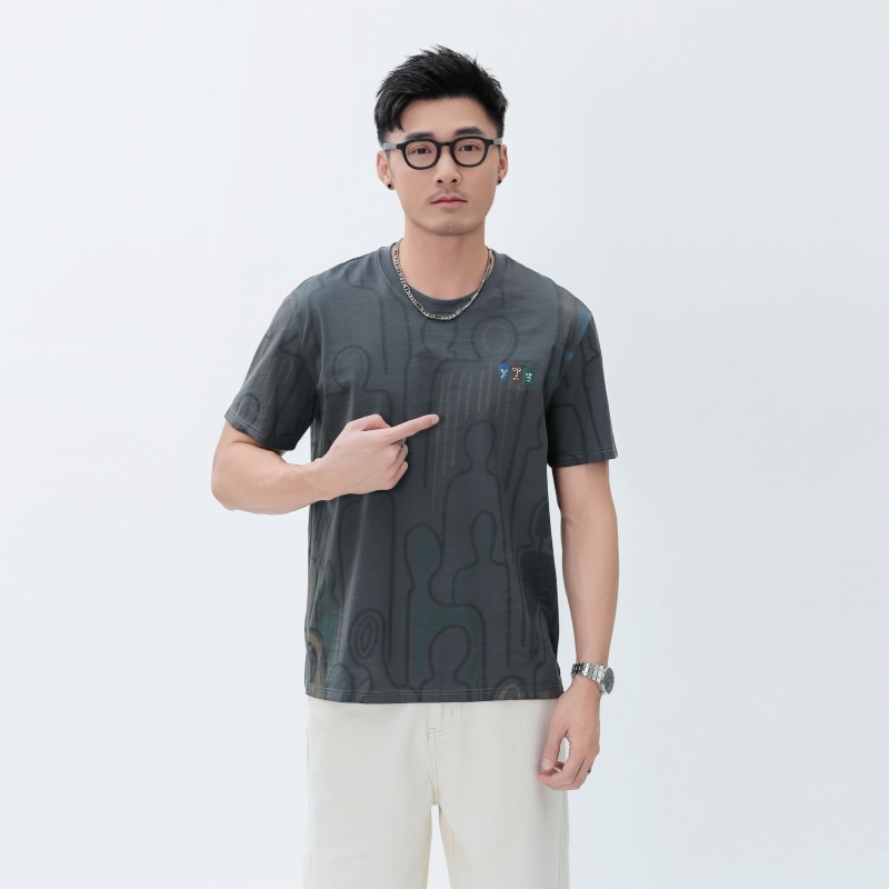 Cool feeling Ice Silk Oxford linen printed short sleeve T-shirt 2024 light luxury high-end men's fashion half sleeve top