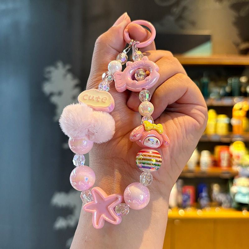 ファーボール手首ビーズ携帯電話チェーン手描きビーズ漫画キーホルダーかわいい携帯電話ペンダントチェーンバッグペンダントギフト|undefined