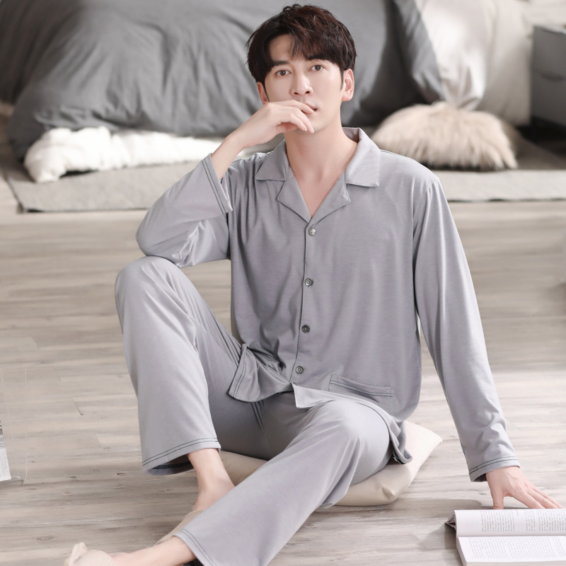 (2개) 야마 잠옷 봄과 가을 중년 및 노인 아빠 잠옷 가디건 라펠 남성 노인 느슨한 단색 가정복