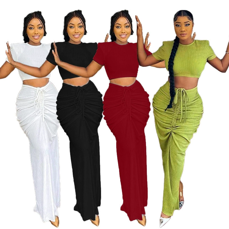 M8021 новый женский костюм с плотной плиссированной юбкой 23 трансграничный сексуальный женский костюм с коротким рукавом и плиссированной талией с длинной юбкой