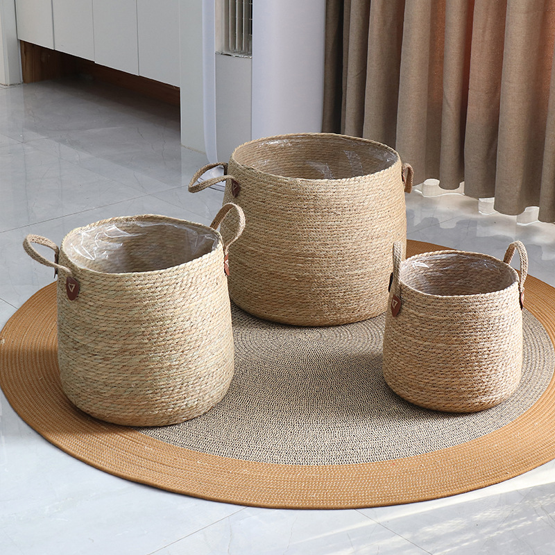 Simple Rattan Flower Pot Woven Straw Flower Basket Round Floor-standing Potted Plant Green Plant Large Set Pot Breathable Living Room