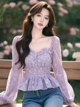 法式方领碎花紫色雪纺衫女2025春季收腰裙摆上衣绝美时尚洋气小衫
