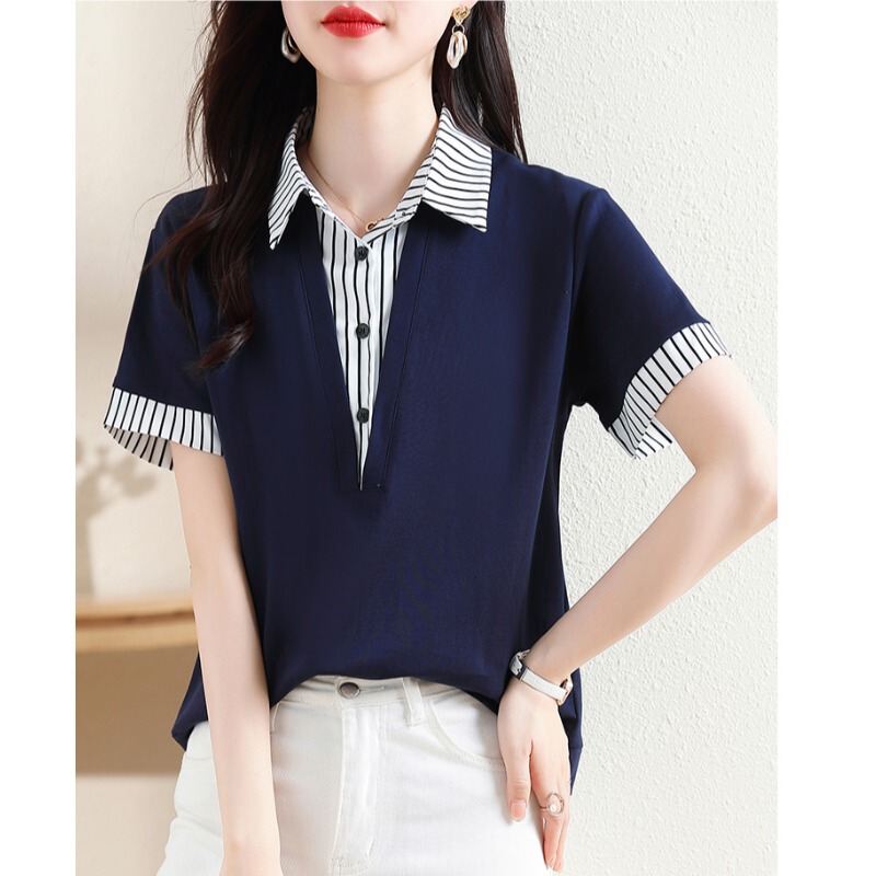 Fake Two-Piece Shirt Women's Short-Sleeved Cotton T-Shirt Summer New Fashion Style Cotton Loose Stripesd Lapel Top Dropshipping