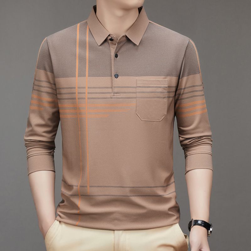 2025 Middle-Aged and Elderly Men's Spring & Fall Classic Long-Sleeved Shirts Dad's Real Flap Pocket Pants T-Shirt Tops Loose Version in Stock