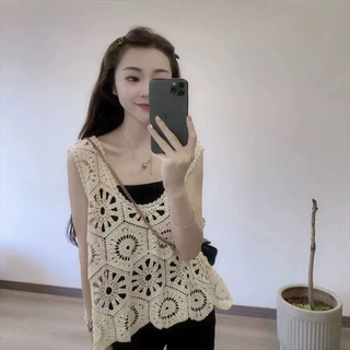 波西米亚风钩花镂空针织背心马甲女夏季大码叠穿吊带罩衫无袖上衣