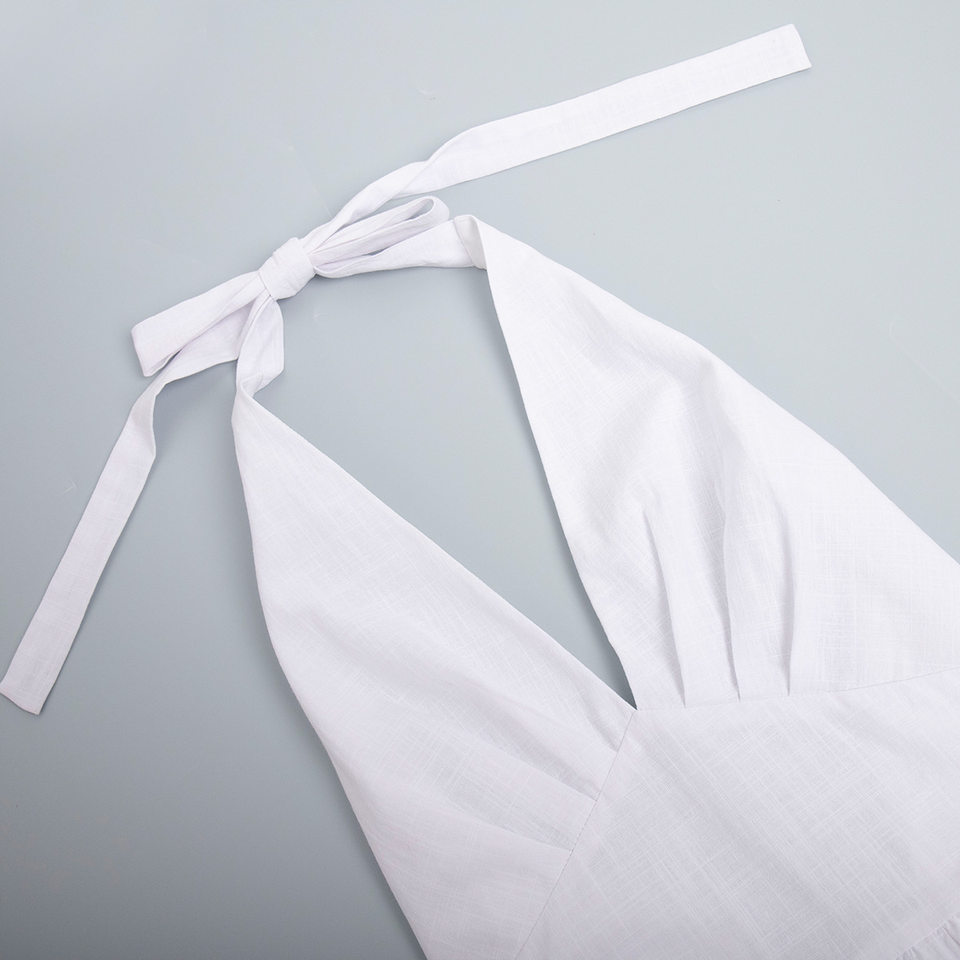 Đầm liền dáng dài 100% cotton cổ chữ V thắt eo buộc dây vạt xòe rộng — Màu mơ, Màu trắng, Màu xanh da trời, Màu xanh lá chi tiết 13