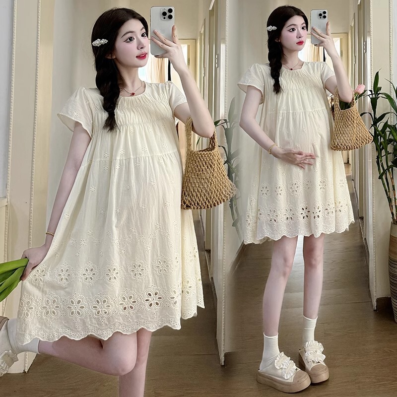 Pregnant Women dress Summer Pure Cotton New Summer Hollow Fashion Age-reducing A- line Skirt Western Style Fashionable Mid-length