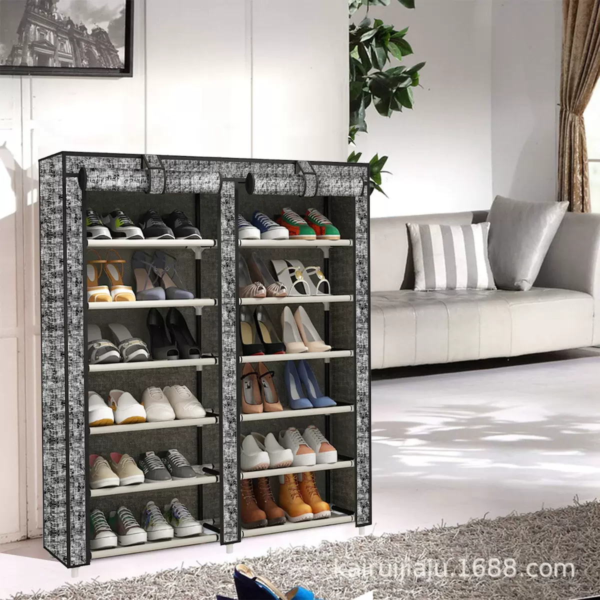 跨境外贸双排鞋柜防尘鞋架简易组合收纳柜布鞋橱鞋架简易鞋柜