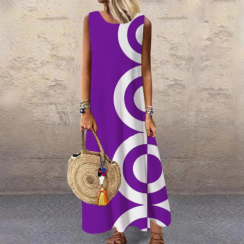 Dress Skirt Vacation Sleeveless Maxi Cross-Border Long Shift Spring and Summer Round Neck Casual Colorful Women's